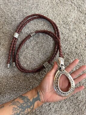 Braided Brown Leather Necklace with Silver-Tone Teardrop Pendant